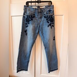 Pilcro Light Blue Denim Cropped Jeans with Navy Floral Embroidery